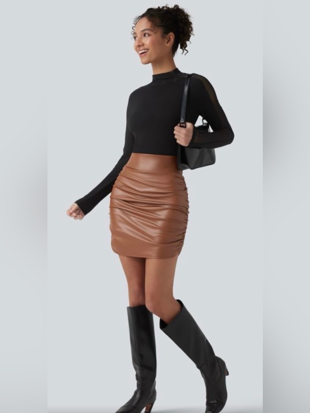 Halara High-Waist Faux Leather Ruched Mini Skirt with Shorts Caramel Brown J5
